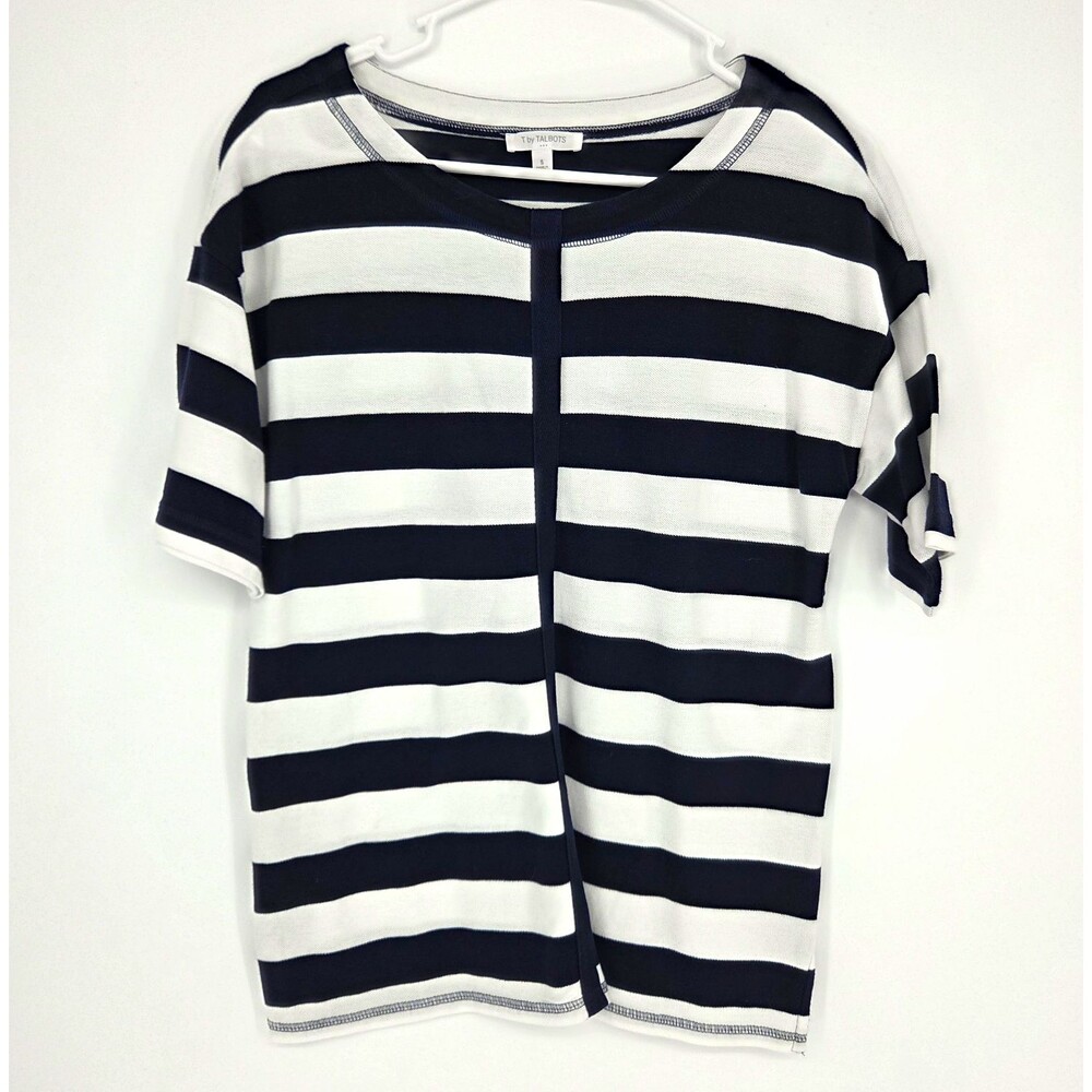 T by Talbots Womens Navy White Striped Crew Neck Knit Tee Size Small Nautical
